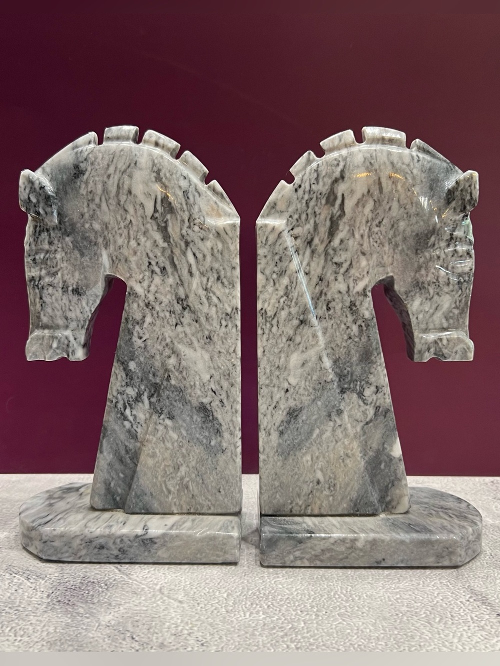 Vintage Carved Veined Marble Horse Head Bookends Mid Century Modern Brutalist